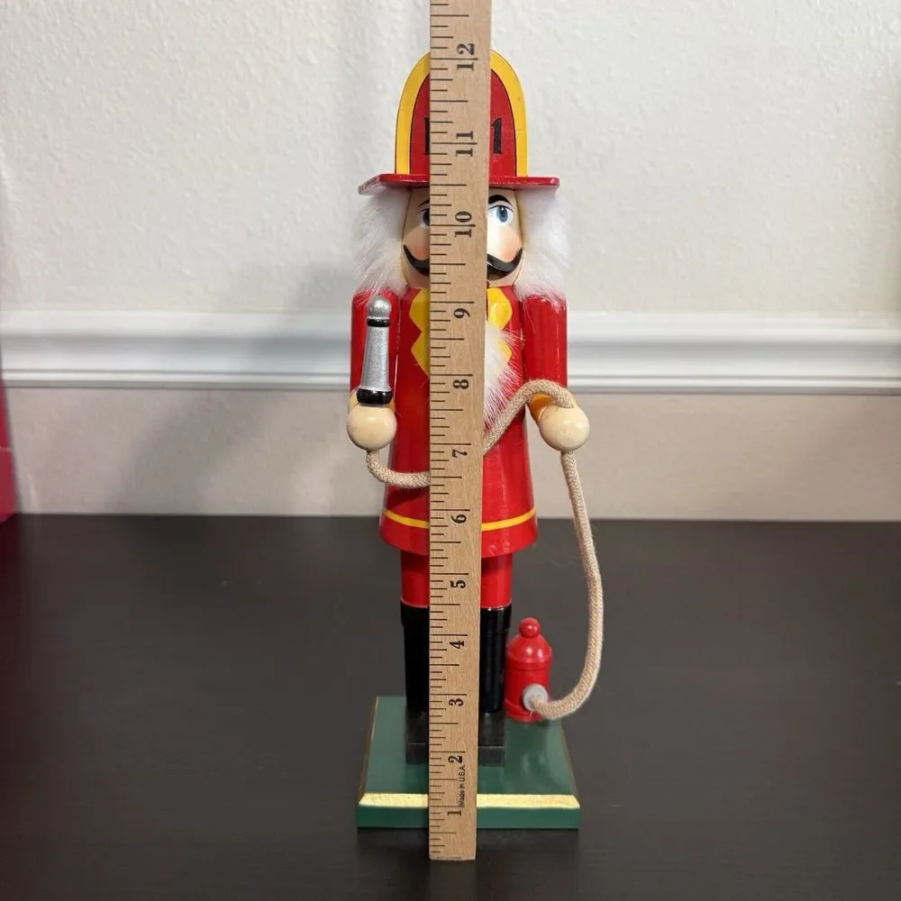 Nutcracker Fireman Figurine Wooden Vintage Holiday Home Accent Hose Fire Hydrant